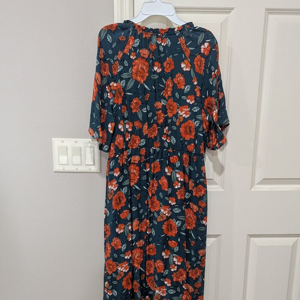 Floral Button-Front Midi Dress in Teal and Burnt Orange - Picture 2 of 3